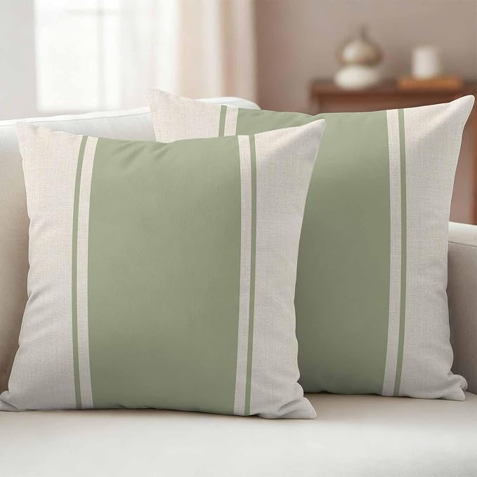 Abstract Gray Green Color Block Outdoor Pillow Covers Set of 2 Vintage Lines Linen Texture Waterproof Throw Pillow Cover Decorative Cushion Cases for Patio Porch Garden 26X26 Inch