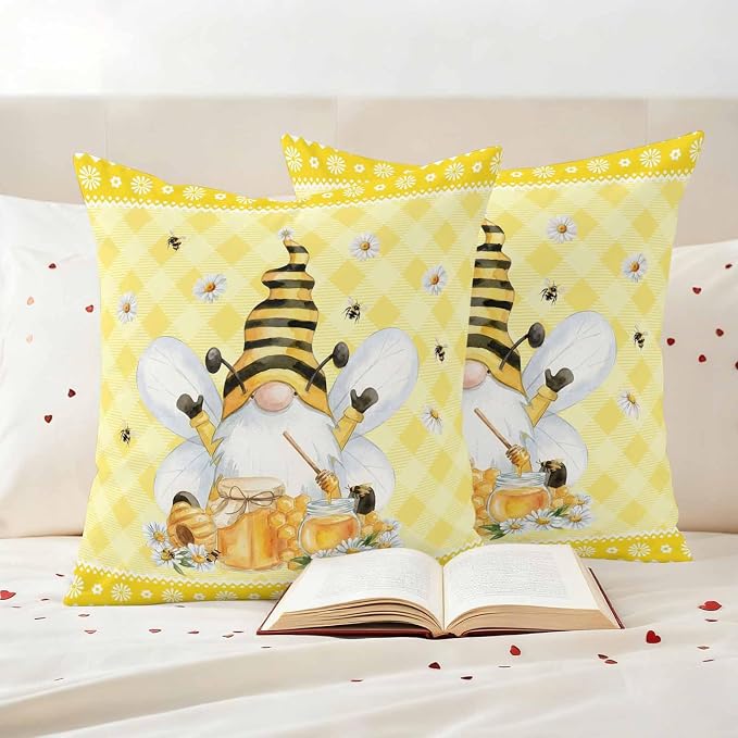 Yukro Honey Gnome Outdoor Waterproof Pillow Covers Pack of 2, Watercolor Honey Bees Floral Yellow Plaid Decorative Throw Pillowcases Cushion Covers for Garden Patio Tent Sofa Couch, 20x20 inch