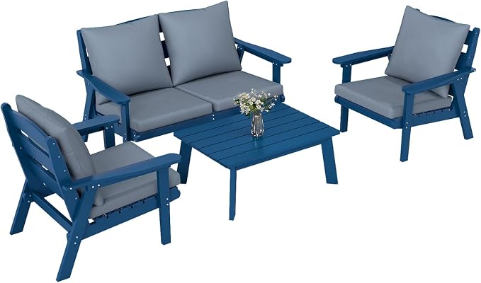 FOOWIN 4-Piece Patio Furniture Set, HDPE All-Weather Outdoor Conversation Set with Thick Cushions, Sectional Patio Sofa Furniture for Deck, Porch, Lawn, Garden, Navy Blue Frame & Grey Cushion
