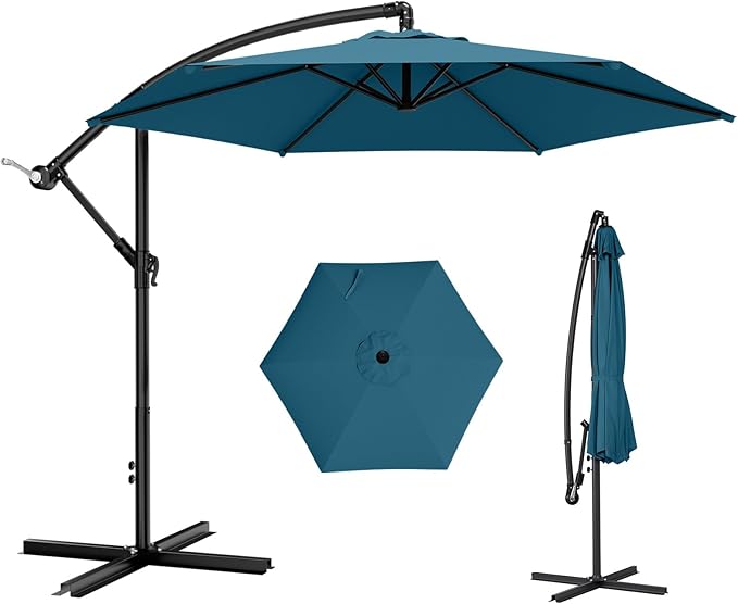 AreShark 10FT Patio Outdoor Umbrella, Offset Patio Umbrella Cantilever Umbrella, 6 Sturdy Ribs, Easy Adjustment for Garden Market Pool with Cross Base (Lake Blue)