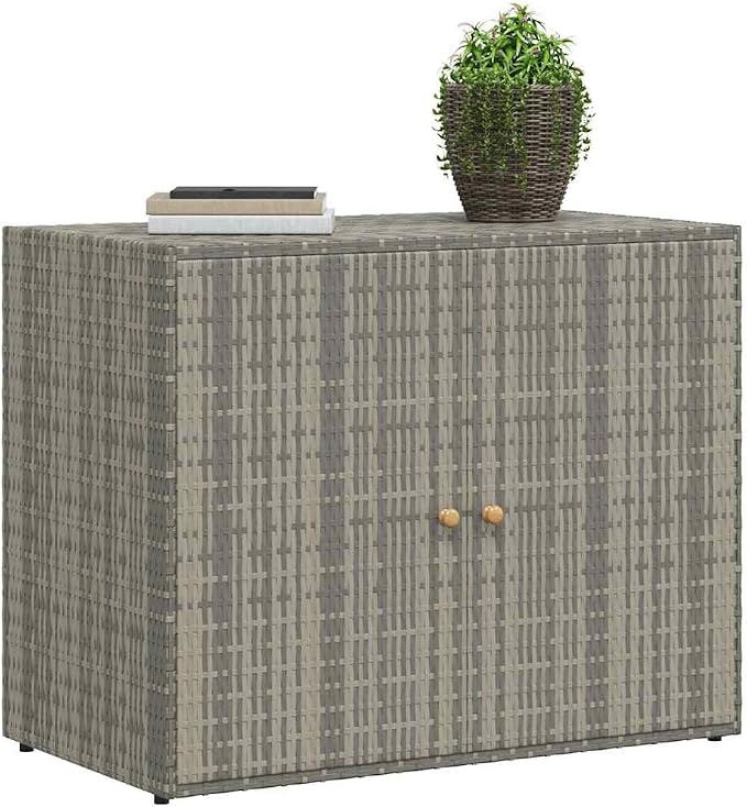 Outdoor Garden Storage Cabinet, Poly Rattan Tool Organizer Box with 2 Doors, Weather Resistant Backyard Storage Chest for Patio, Deck, and Balcony, Grey