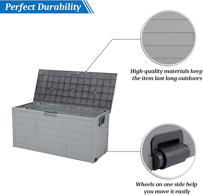 VINGLI 75 Gallon Outdoor Storage Box, Patio Deck Box Furniture with Rolling Wheels, Plastic Storage Containers with Lockable Design, For Garden, Yard, Balcony (Grey)
