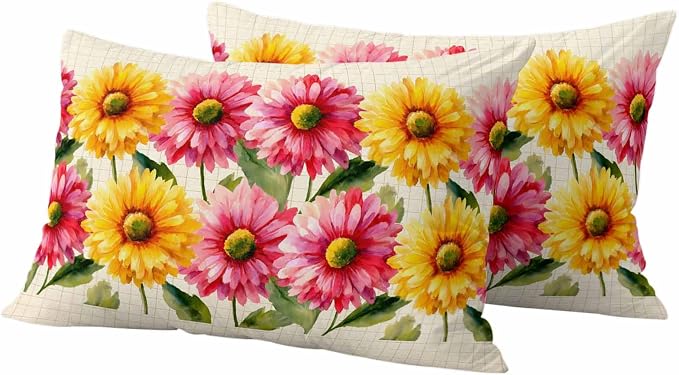 Yellow Pink Daisy Outdoor Pillow Covers 20"x12" Set of 2, Rustic Farmhouse Boho Yellow Plaid Waterproof Throw Pillow Covers for Patio Furniture, Decorative Cushion Covers for Porch