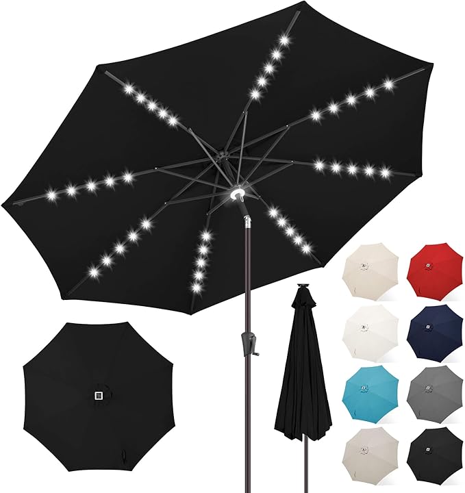 FLAME&SHADE 11 FT Solar Light Patio Umbrella, 40 LED Lights Outdoor Umbrella with Centre Surround Light, Table Market Umbrella for Deck, Pool, Porch, Backyard, Garden, UV Protection, Black