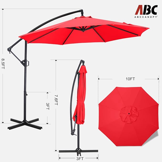 ABCCANOPY 10FT Cantilever Patio Umbrella with base included, 360° Rotation Outdoor Offset Umbrella for Backyard, Deck, Poolside (Red)