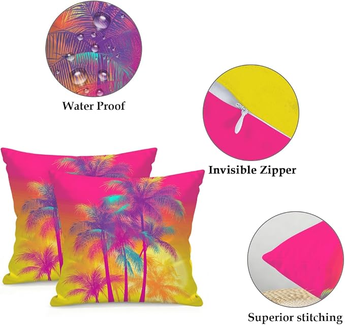 16x16 Inch Outdoor Pillow Covers Set of 2 Waterproof Throw Pillow Covers Decorative Couch Cushion Covers Pink Neon Palm Trees Square Pillowcases Protectors for Patio Garden Sofa