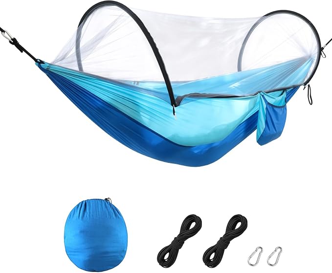 Camping Hammock with Mosquito Net, 3 in 1 Portable Hammock Tent 440lbs Capacity Attached Storage Pocket Single Nylon Hammock Set for Outdoor Travel Camping Hiking Backpacking (RoBlue SkyBlue)