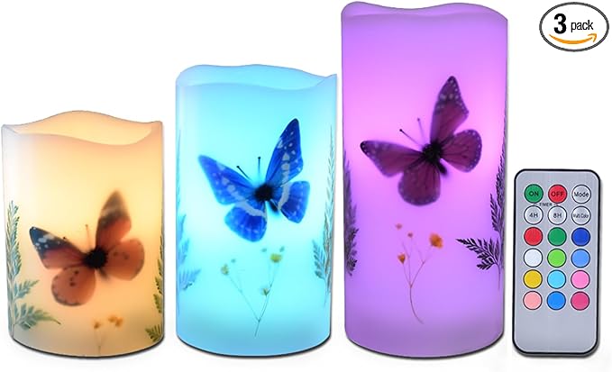 Candles Set of 3 Flameless 4" 5" 6" Unscented Tealight Butterfly Flower Plants Decor Real Wax Pillar Candle LED Lights 12 Color Changing 4H 8H Timer Remote Control AAA Batteries Operated