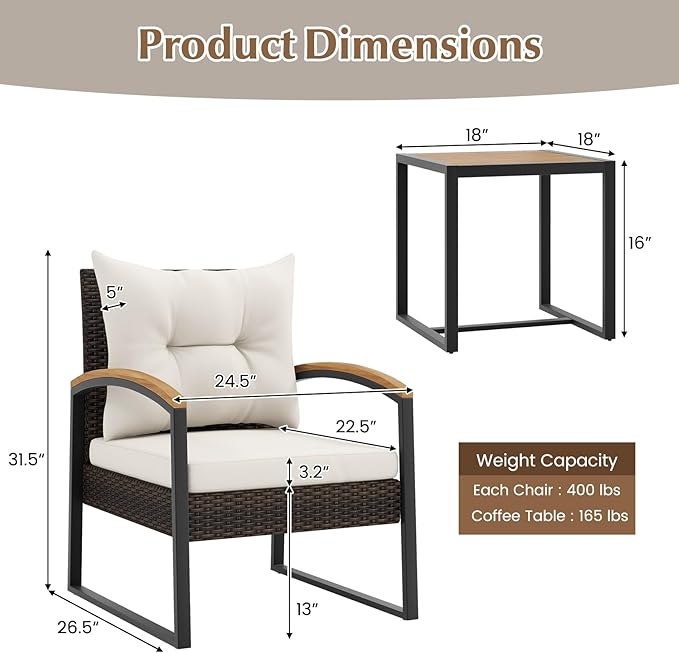 Tangkula 3 Piece Patio Conversation Set, Includes 2 Rattan Chairs and Coffee Table, Solid Acacia Wood Armrests & Tabletop, Outdoor Cushioned Wicker Furniture Set for Backyard, Poolside, Lawn, Garden
