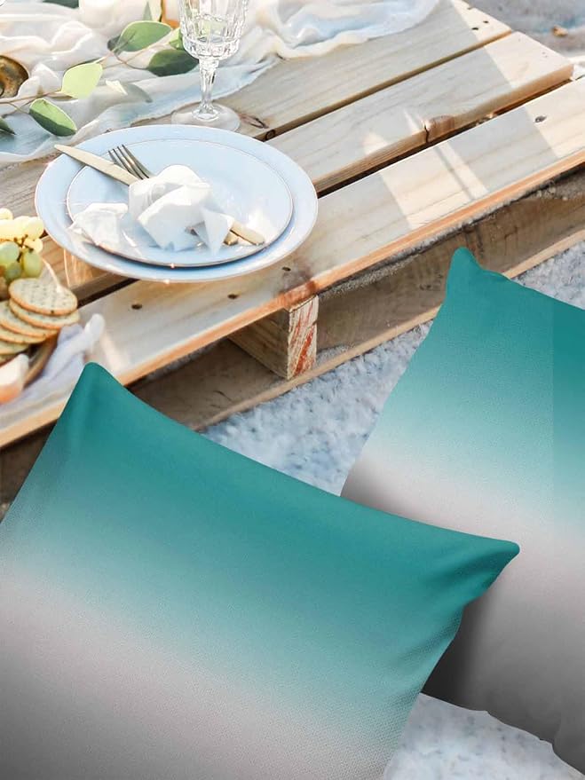 Outdoor Waterproof Throw Pillow Covers Set of 2 Green and Grey Ombre Pillowcases 16x16 Inches Teal Gradient Color Patio Decorative Pillows Cushion Case Patio Pillows for Couch Bed Chair Garden