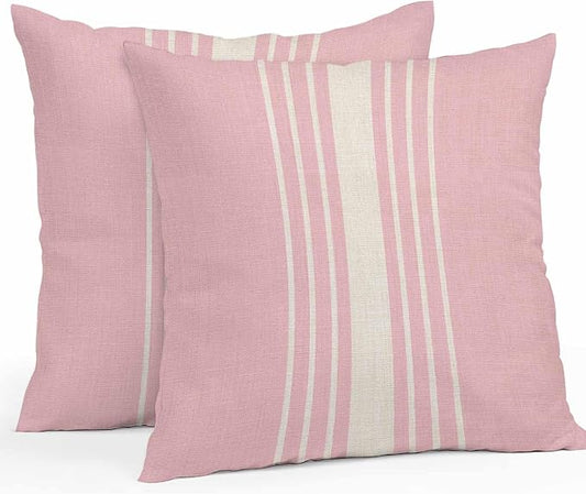 Vandarllin Outdoor Throw Pillows Covers 20x20 inch Set of 2 Waterproof Pink Vertical Stripes Decorative Zippered Cushion Covers for Patio Furniture, Classic Striped Linen Lumbar Pillowcases
