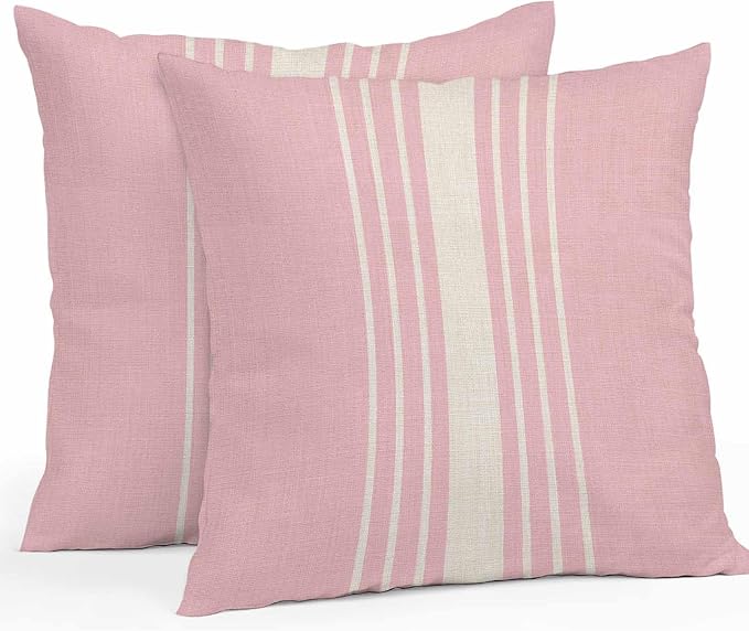 Outdoor Waterproof Pillows Cover Pack of 2 Modern Pink Striped Burlap Texture Decorative Pillowcases with Zipper Cushion Case for Patio Tent Couch Garden 24 x 24 Inches