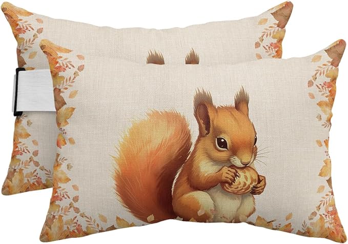 Outdoor Pillows Covers with Inserts Fall Thanksgiving Cute Squirrel with Maple Leaves Waterproof Pillow with Adjustable Strap Throw Pillows for Patio Furniture Recliner Lounge Chair, 12x20 inch, 2PCS