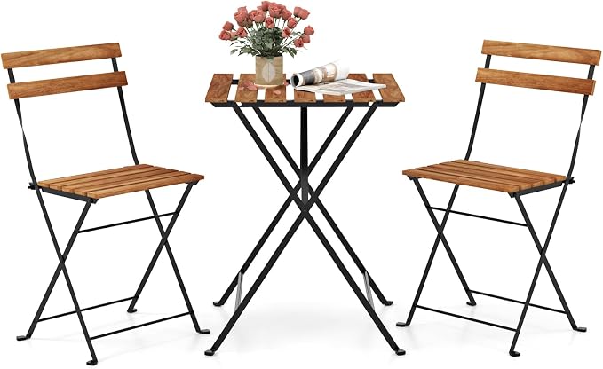 Giantex 3-Piece Acacia Wood Bistro Set, Patio Bistro Table with 2 Folding Chairs, Slatted Seat & Tabletop, Metal Frame, Outdoor Furniture Set for Backyard, Porch, Garden, Poolside (Black + Brown)
