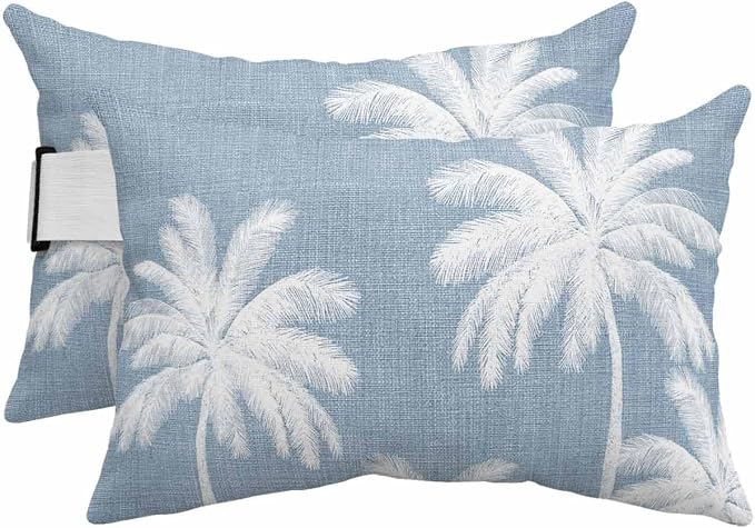 Pack of 4 Outdoor Lumbar Pillow Covers 11x16 Inch, Light Blue Palm Trees Waterproof Throw Pillow Covers Set, Farmhouse Tropical Summer Beach Indoor&Outdoor Decorative Cushion Cases for Patio Porch Car
