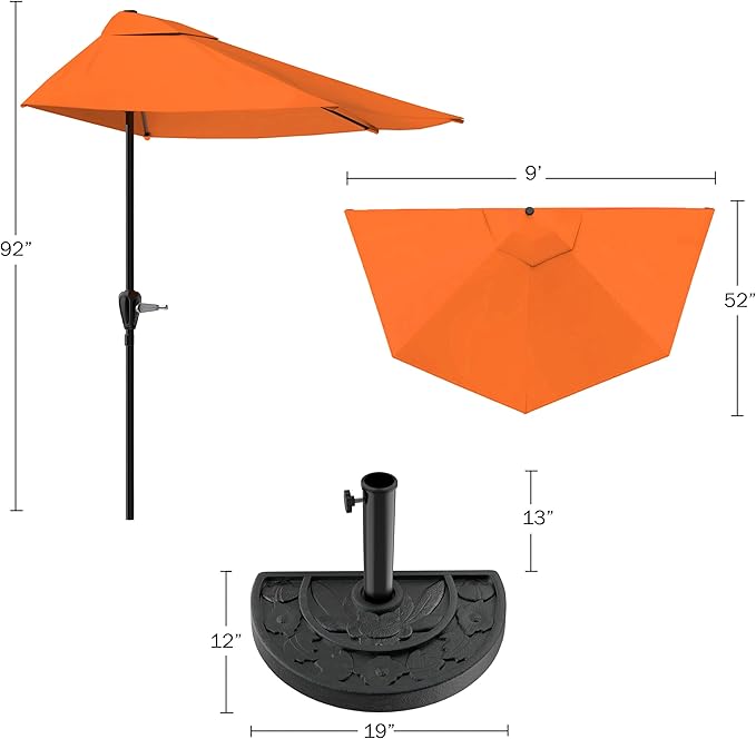 Half Umbrella Outdoor Patio Shade - 9 ft Patio Umbrella with Easy Crank and 20lb Weighted Base - Small Canopy for Balcony, Table, or Deck by Pure Garden (Terracotta)