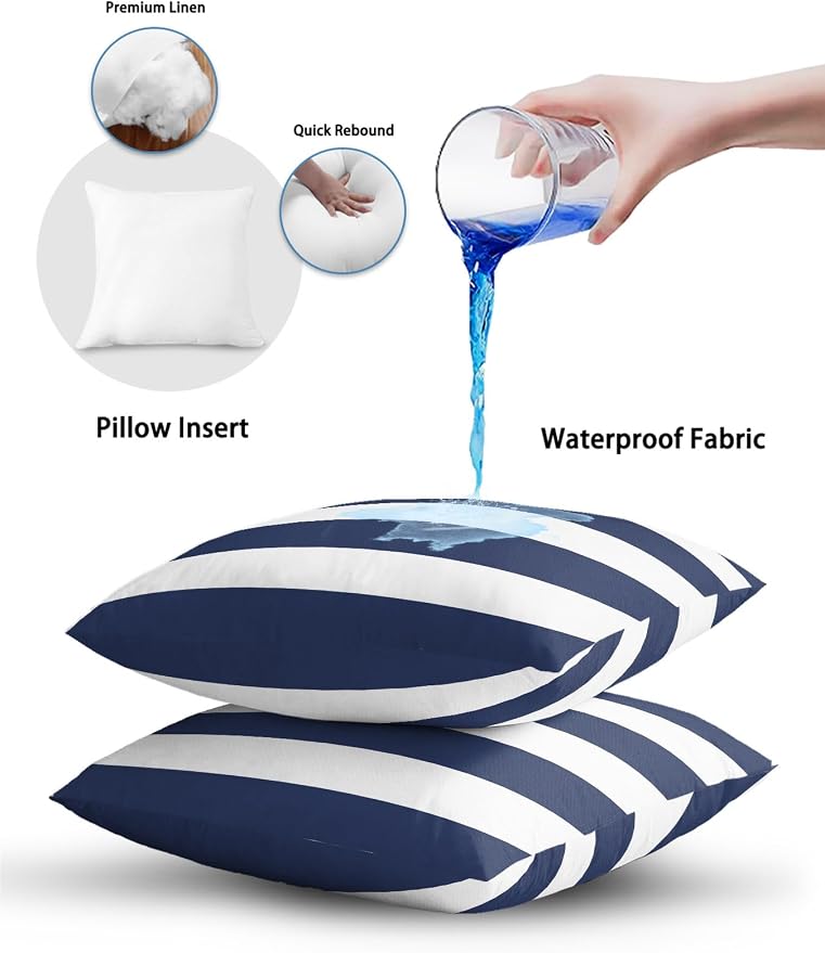 Waterproof Outdoor Pillow Set of 2 Navy Blue Stripe Decorative Throw Pillows Cover & Insert 18x18 Inch Pillowcase Simple Style Striped Square Pillows for Couch Sofa Bed Patio Furniture Indoor Outdoor