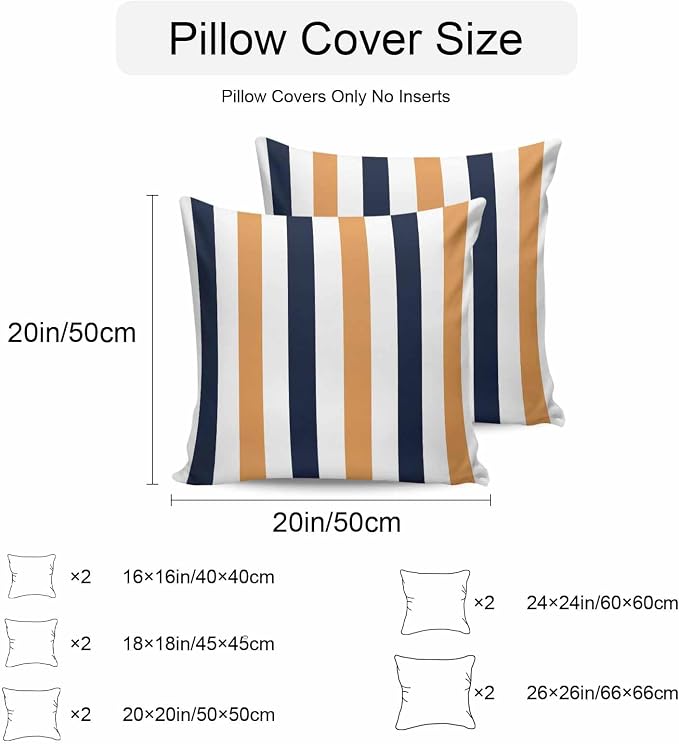 Burnt Orange Navy Blue Striped Waterproof Outdoor Pillow Covers Set of 2 Home Decor, Farmhouse Stripe Art Pillowcase Patio Pillow Covers for Couch Bench Furniture Garden 16x16in
