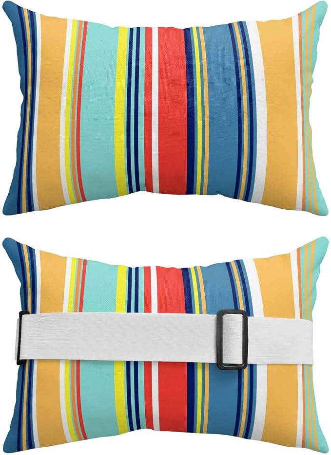 Outdoor Pillow for Chaise Lounge Chair, Colorful Stripes Yellow Teal Red Blue Wood Texture Waterproof Headrest Pillow Lumbar Pillows with Adjustable Elastic Strap for Beach, Poolside, Office (2 Pack)