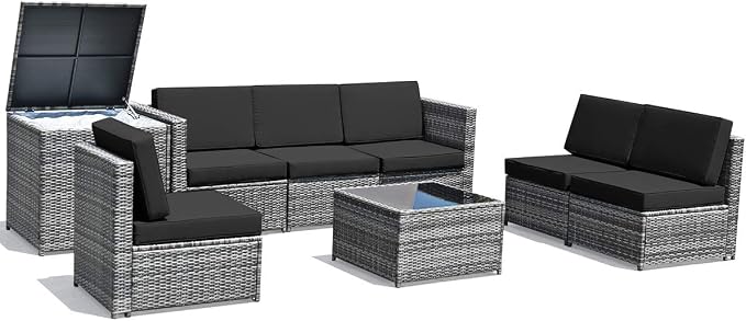 RELAX4LIFE 8-Piece Patio Furniture Set - PE Wicker Conversation Set w/Soft Cushions & Tempered Glass Storage Table, Outdoor Sectional Sofa Set for Garden, Poolside, Backyard (Grey)