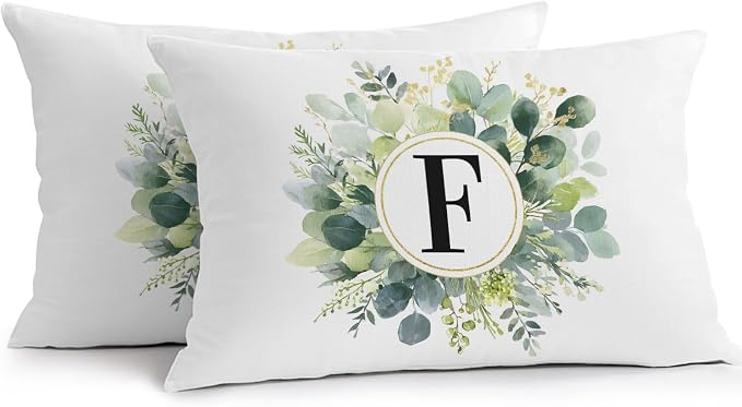 Letter F Waterproof Outdoor Pillow Covers Set of 2 Home Decor, Alphabet Green Eucalyptus Leaves Lumbar Pillowcase Patio Pillow Covers for Couch Bench Patio Furniture Garden 20x12in