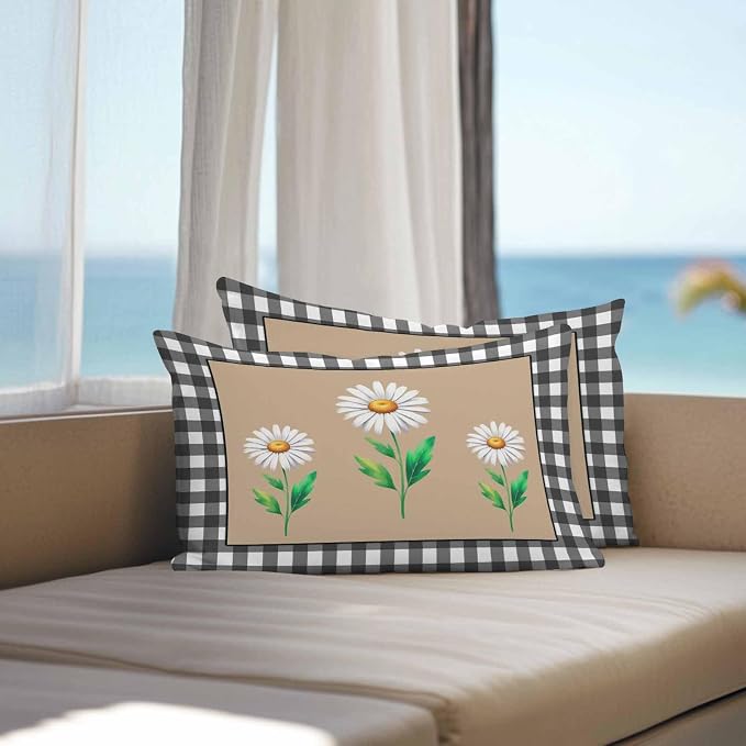 YOKOU Waterproof Throw Pillow Covers, Daisy Flowers Black White Buffalo Check Plaid Decorative Pillowcase Soft Cushion Case for Patio Couch Tent Balcony, Set of 2 Rectangle, 20"X12"