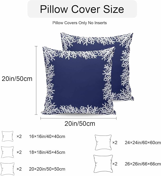 Vandarllin Outdoor Throw Pillows Covers 16x16 inch Set of 2 Waterproof Navy Blue Coral Decorative Zippered Cushion Covers for Patio Furniture, Coastal Marine Life Lumbar Pillowcases