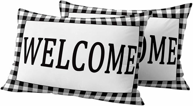 Welcome Black Outdoor Pillow Covers Set of 2 White Buffalo Check Plaid Waterproof Throw Pillow Cover Decorative Cushion Cases for Patio Porch Garden 20X12 Inch