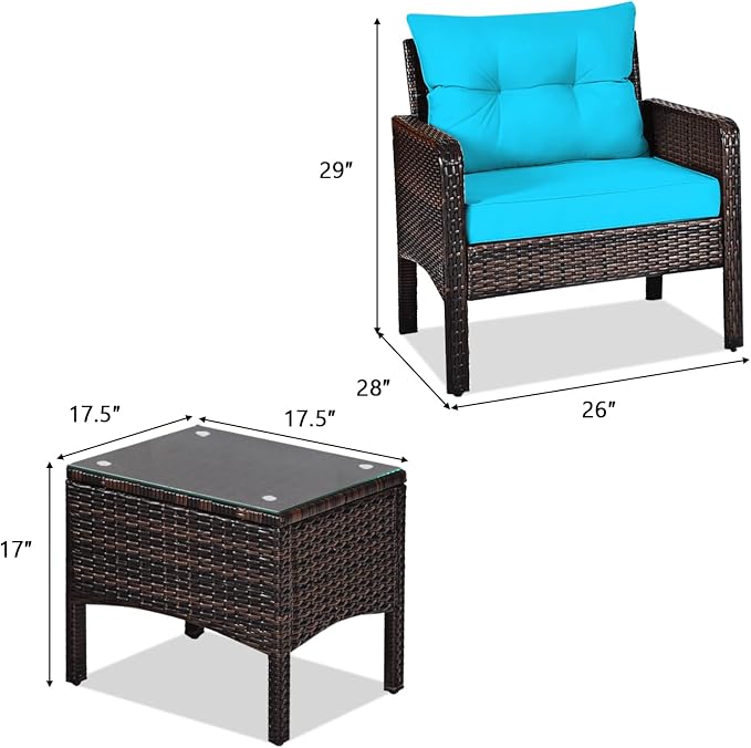KOTEK 3 Piece Patio Furniture Set, Outdoor Wicker Conversation Bistro Set with 4 Cushions, All Weather PE Rattan Furniture Set for Garden, Backyard, Porch, Poolside (Turquoise)