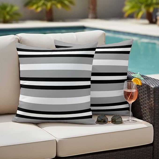 Black Gray Striped Outdoor Pillow Covers 16x16 Inch Throw Pillow Covers Set of 2 Waterproof Decorative Pillow Cases Contemporary Minimalist Lines Art Cushion Covers for Patio Furniture Garden Couch