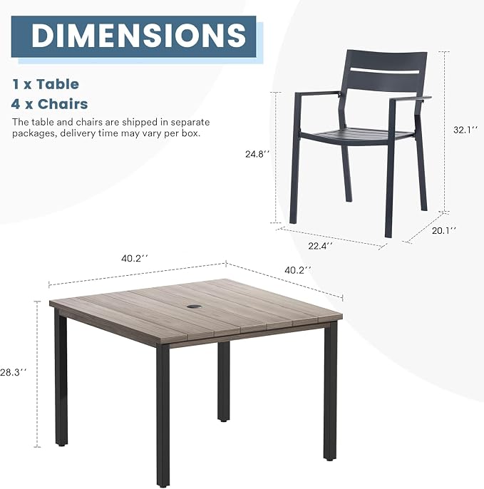 DIFY 5 Pieces Outdoor Patio Dining Set for 4, 40.2" Grey Wood-Like Square Metal Dining Table and 4 Grey Metal Stackable Dining Chairs, Outdoor Table and Chairs for Lawn Garden Poolside