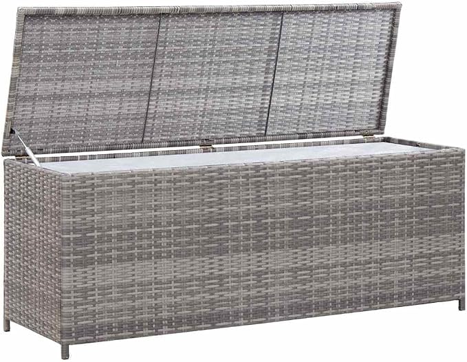 Gray Outdoor Storage Box Bench 59.1x19.7x23.6 Inches, PE Rattan Patio Furniture Cushion Organizer with Steel Frame, Multi-Functional Deck Box for Pillows Blankets Garden Tools