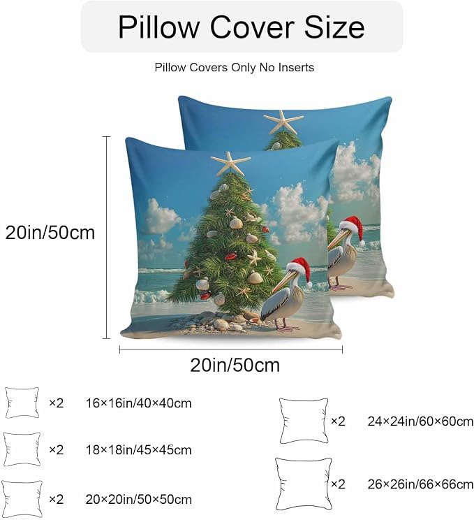 Christmas Outdoor Throw Pillows Covers 20x20 inch Set of 2 Waterproof Christmas Tree Decorative Zippered Cushion Covers for Patio Furniture, Pelican Starfish Shell Beach Wave Lumbar Pillowcases