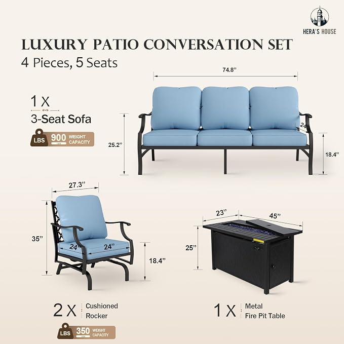 HERA'S HOUSE 4 Pieces Patio Furniture Set with Fire Pit Table, 2 x Rocking Chair, 3-Seat Sofa with 45" Fire Pit Table, Outdoor Conversation Set for Garden, Poolside, Backyard, Blue