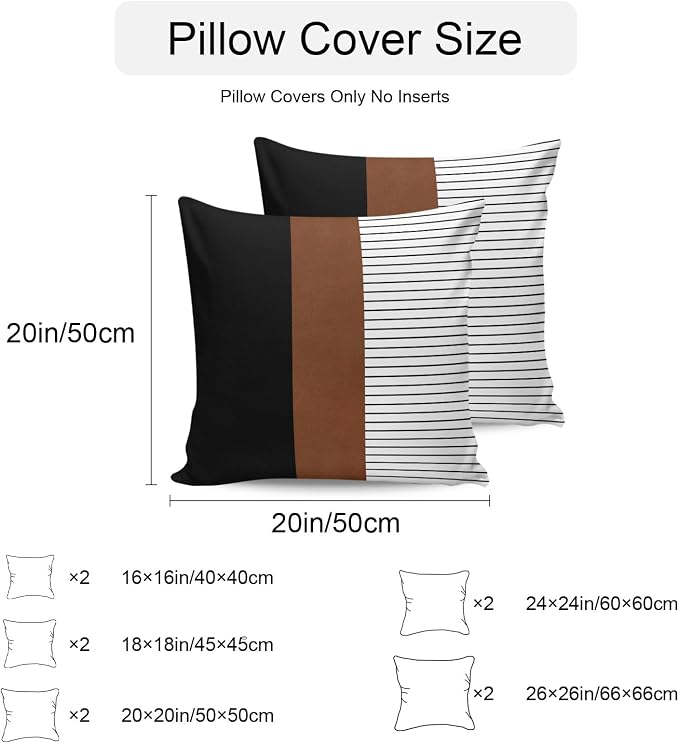 Waterproof Pillow Covers Set of 2 16x16 Inch Brown Black Lines Outdoor Cushion Covers Boho Style Decorative Pillow Cases for Patio, Sofa, Couch, Garden, Balcony