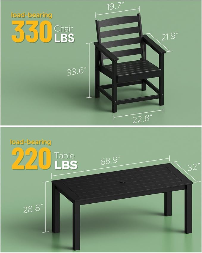 Outdoor HDPE Patio Dining Chair Set of 2, All-Weather Outdoor Chair, Patio Furniture for Garden, Backyard, Deck (Black)