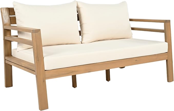 Christopher Knight Home Jamaia 2 Pieces Acacia Furniture Set, Patio Conversation Chat 2-Seat Sofa Set with Coffee Table, Outdoor Acacia Loveseat Set for Garden Porch Backyard Balcony, Light Teak+Beige