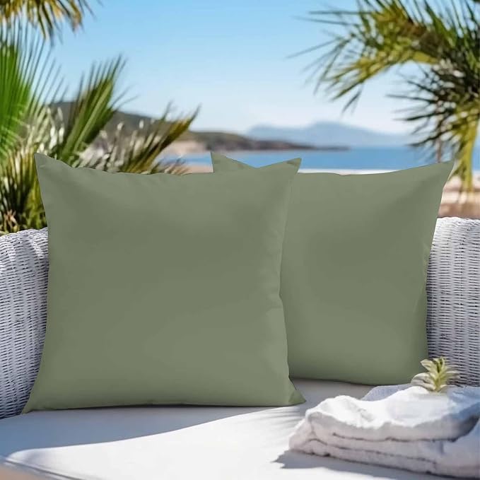 Throw Pillow Covers 16x16 Inch Set of 2, Green Solid Color Waterproof Outdoor Pillow Covers, Aesthetics Contemporary Luxury Decorative Cushion Pillowcases for Couch, Sofa, Bed, Garden, Patio