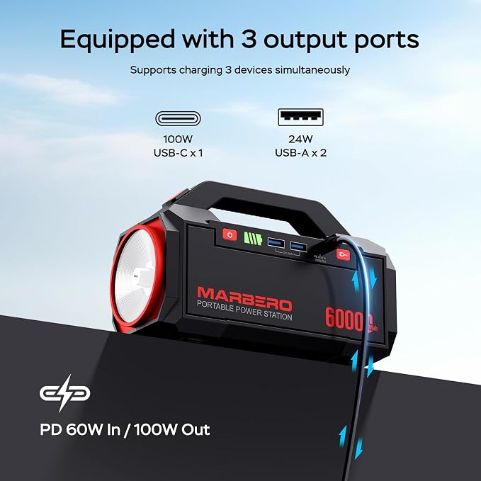 MARBERO Power Bank 60,000mAh Portable Power Station 222Wh with 60W PD Fast Charge & LED Light for Home Backup Outdoor Camping RV Travel and Emergency Power Supply