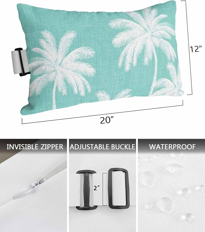 Pack of 4 Outdoor Lumbar Pillow Covers 12x20 Inch, Teal Palm Trees Waterproof Throw Pillow Covers Set, Farmhouse Tropical Summer Beach Indoor&Outdoor Decorative Cushion Cases for Patio Porch Car