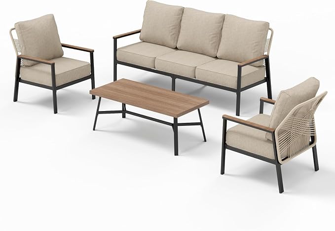 SUNSHINE VALLEY 4 Pieces Patio Furniture Set, High Back Rattan Outdoor Conversation Set with Thick Cushion and Coffee Table for Lawn Garden Backyard and Deck