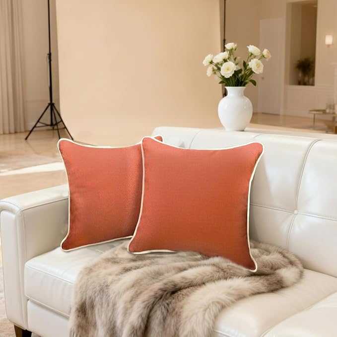 HER HWA Outdoor Throw Pillow Covers White Piping 18"x18" Set of 2, Orange | durable fade-resistant water-resistant 100% polyester white piping smooth zipper machine washable for indoor outdoor décor
