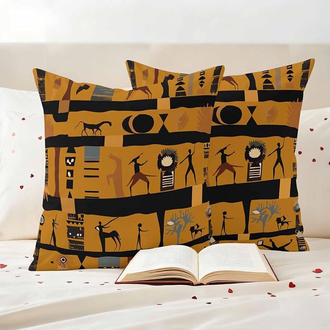 Yukro Ethnic African Outdoor Waterproof Pillow Covers Pack of 2, Abstract Exotic Ethnic Black African Decorative Throw Pillowcases Cushion Covers for Garden Patio Tent Sofa Couch, 16x16 inch