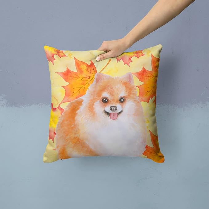 Caroline's Treasures BB9977PW1414 Pomeranian #2 Fall Fabric Decorative Pillow, Yellow Machine Washable, Indoor Outdoor Decorative Pillow for Couch, Bed or Patio, 14Hx14W