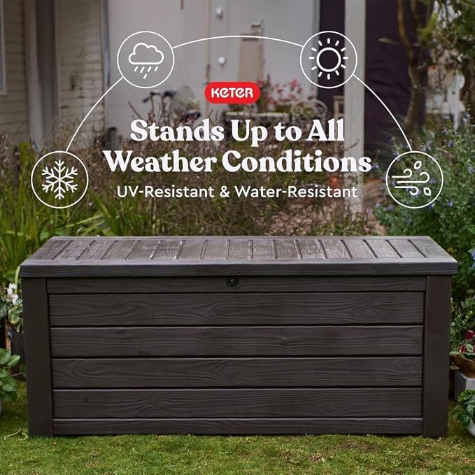 150-gallon Outdoor Storage Deck Box Resin Patio Bin Waterproof Container with Wood Grain Design Multipurpose Bench for Garden Yard Pool Accessories Cushion Storage, Brown