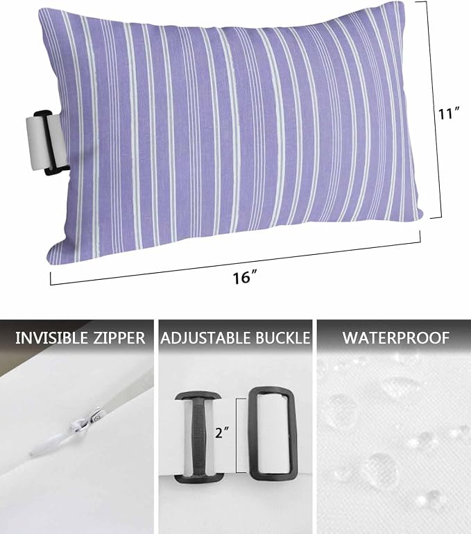 Pack of 2 Outdoor Lumbar Pillow Covers 11x16 Inch, Purple Striped Waterproof Throw Pillow Covers Set, Farmhouse Stripes Modern Vintage Indoor&Outdoor Decorative Cushion Cases for Patio Porch Car