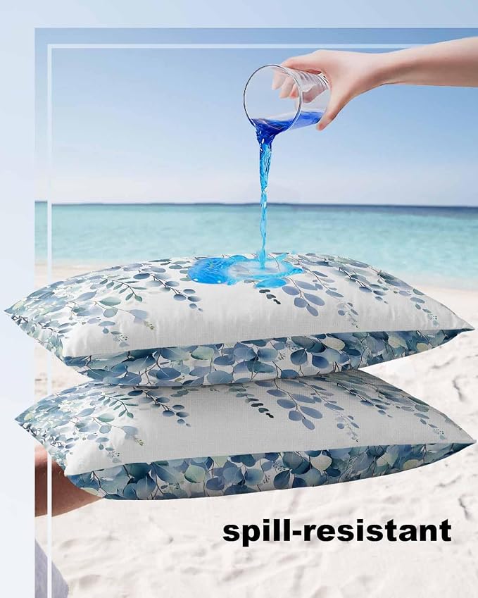 Outdoor Waterproof Pillow Covers Blue Eucalyptus Leaves Set of 2 Decorative Outdoor Pillowcases Watercolor Plant Leaf Cushion Cases for Patio Funiture Garden Couch Bench 12 x 20 Inches