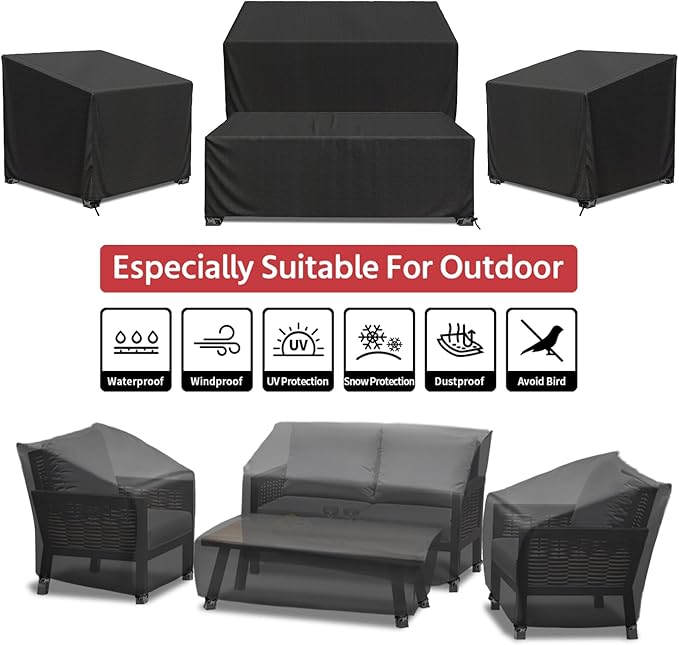Patio Furniture Covers, 4 Piece Heavy Duty Waterproof Outdoor Furniture Cover with Windproof Buckle Strap, Rattan Wicker Patio Furniture Set Cover for Chair Sofa Black (Black, Large)