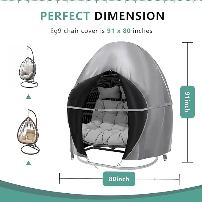 Patio Egg Chair Cover, 91x80 Inches, Extra Large Double Egg Chair Cover for Outdoor Furniture, Large Swing Hanging Egg Chair Covers Waterproof, Anti-UV, Dust-Proof(Grey)