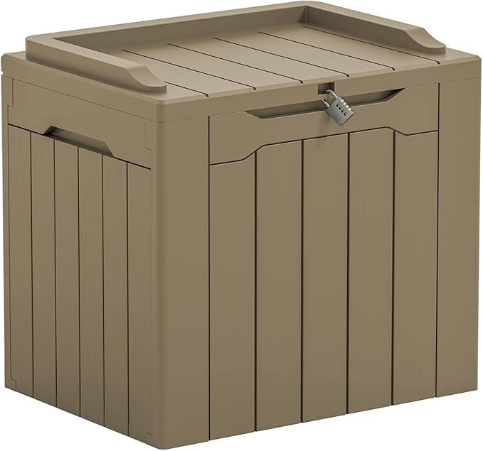 Greesum Outdoor Storage Box 31 Gallon Storage Box with Lid for Patio Furniture, Garden Tools, Pool Supplies, Waterproof and UV Resistant, Lockable, Light Coffee